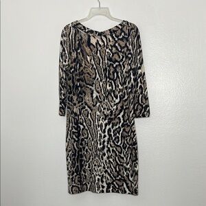 JUST CAVALLI Brown Animal Print 3/4 Sleeve Cutout Stretch Midi Dress Large